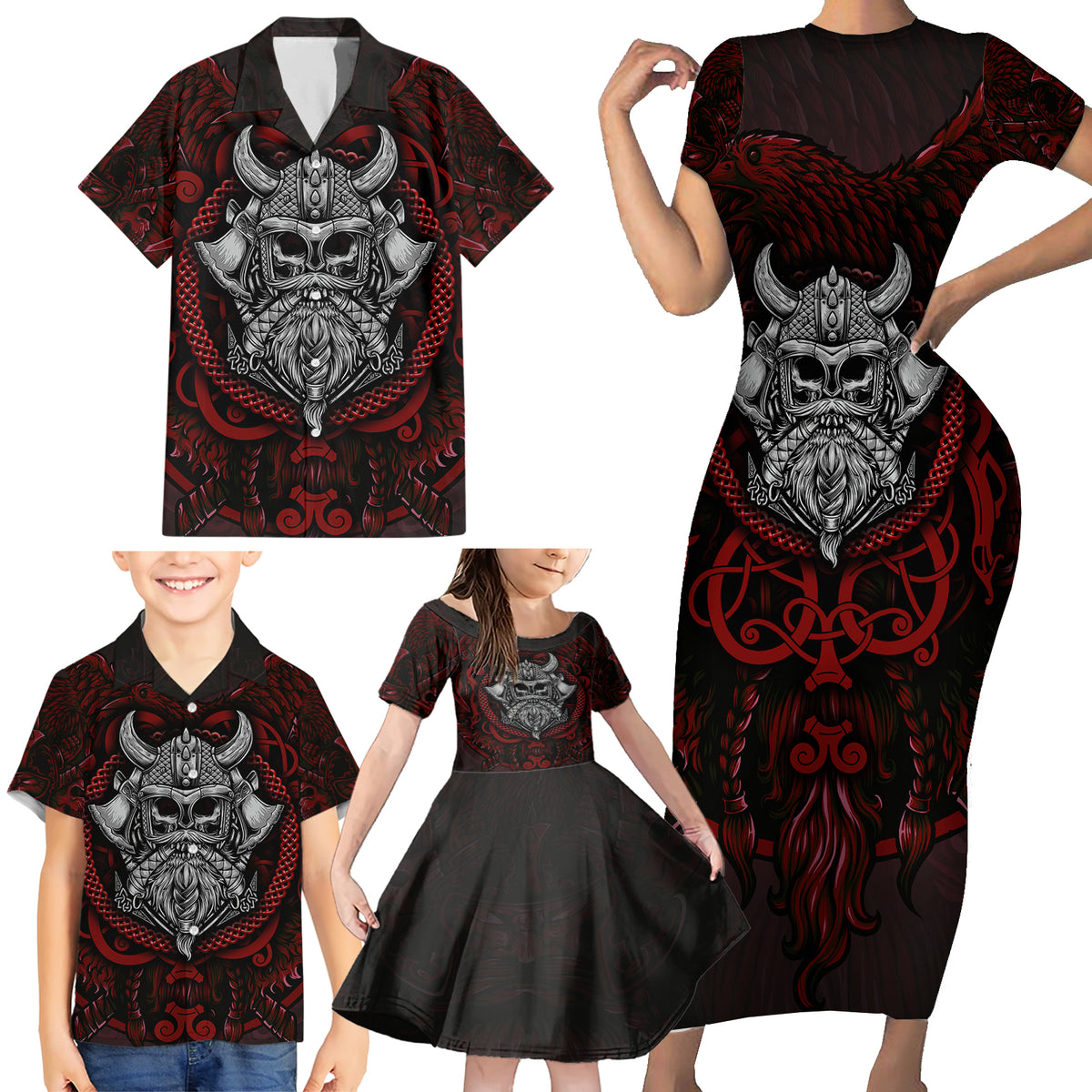 Blood Of Viking Warrior Family Matching Short Sleeve Bodycon Dress and Hawaiian Shirt - Wonder Print Shop