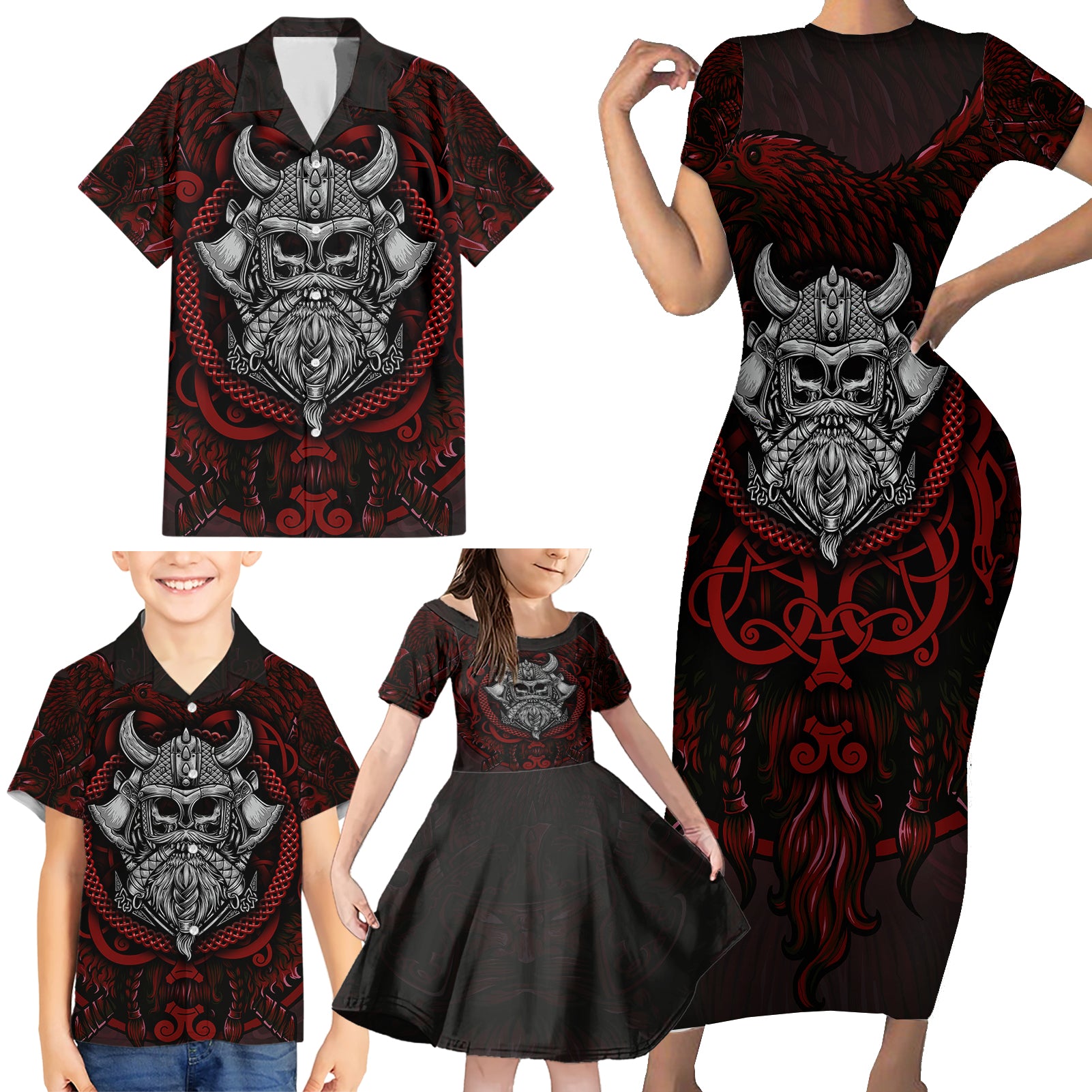 Blood Of Viking Warrior Family Matching Short Sleeve Bodycon Dress and Hawaiian Shirt - Wonder Print Shop