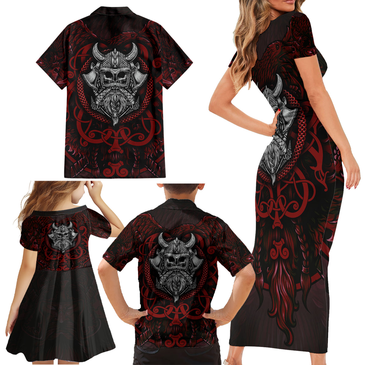 Blood Of Viking Warrior Family Matching Short Sleeve Bodycon Dress and Hawaiian Shirt - Wonder Print Shop