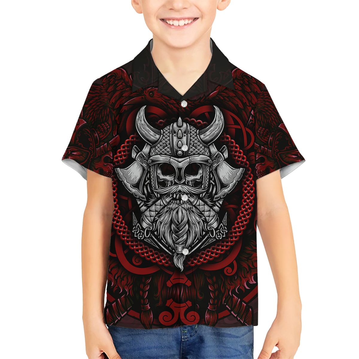 Blood Of Viking Warrior Family Matching Short Sleeve Bodycon Dress and Hawaiian Shirt - Wonder Print Shop