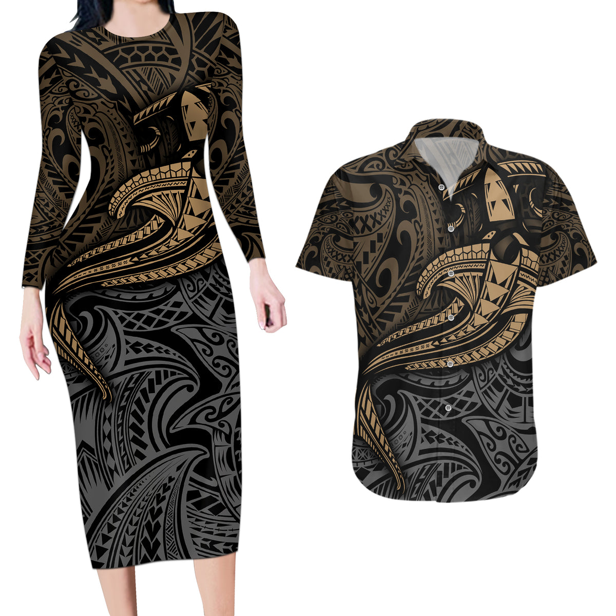 Polynesian Couples Matching Long Sleeve Bodycon Dress and Hawaiian Shirt Hammerhead Shark Tribal Pattern - Wonder Print Shop