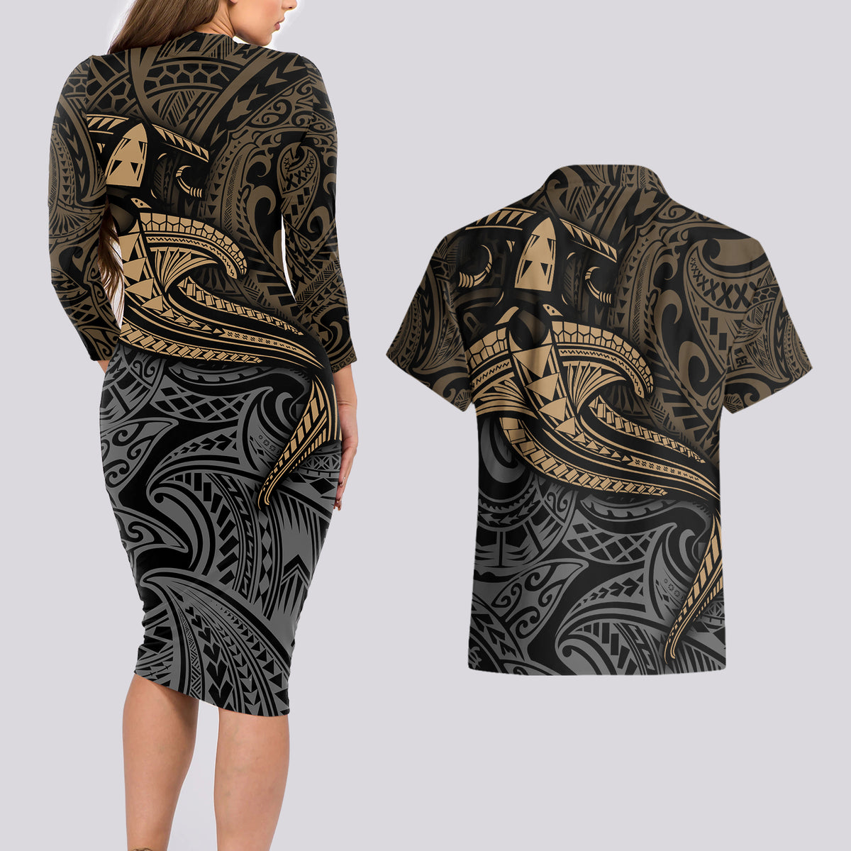 Polynesian Couples Matching Long Sleeve Bodycon Dress and Hawaiian Shirt Hammerhead Shark Tribal Pattern - Wonder Print Shop