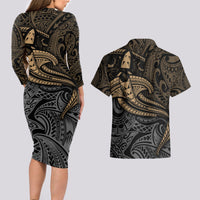 Polynesian Couples Matching Long Sleeve Bodycon Dress and Hawaiian Shirt Hammerhead Shark Tribal Pattern - Wonder Print Shop