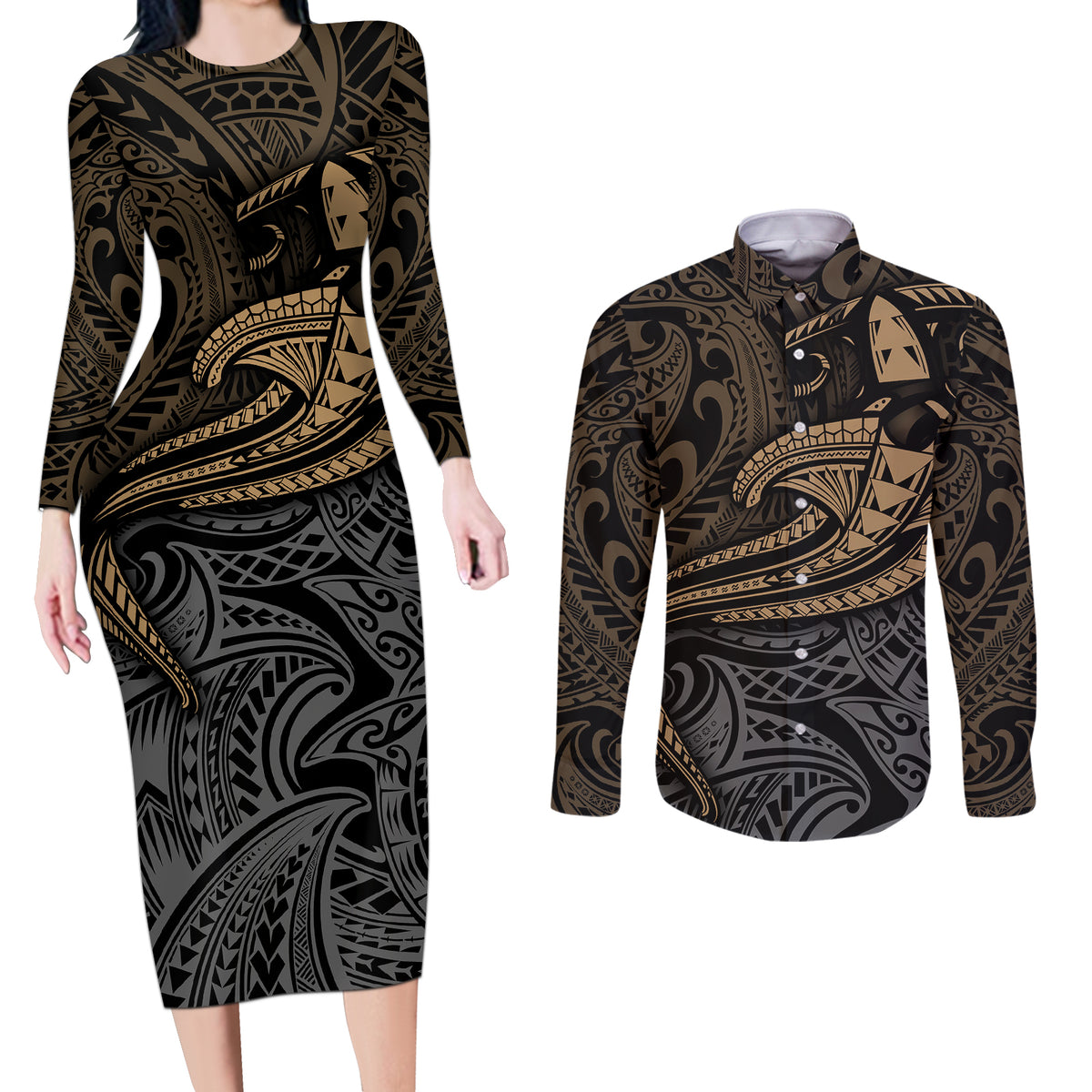 Polynesian Couples Matching Long Sleeve Bodycon Dress and Long Sleeve Button Shirts Hammerhead Shark Tribal Pattern - Wonder Print Shop