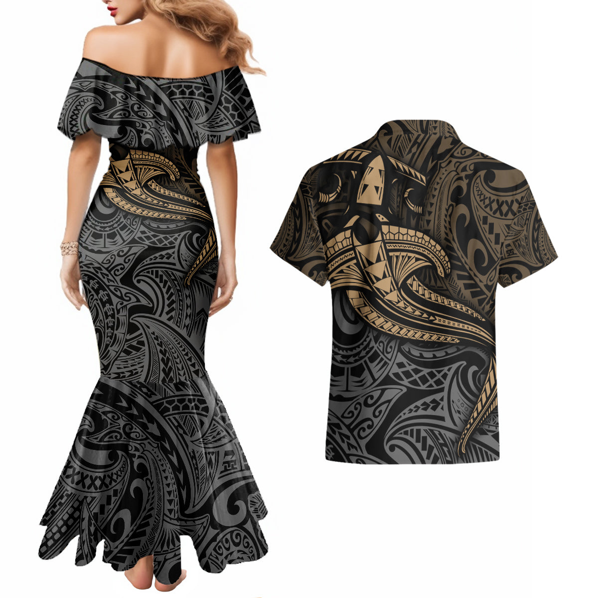 Polynesian Couples Matching Mermaid Dress and Hawaiian Shirt Hammerhead Shark Tribal Pattern - Wonder Print Shop
