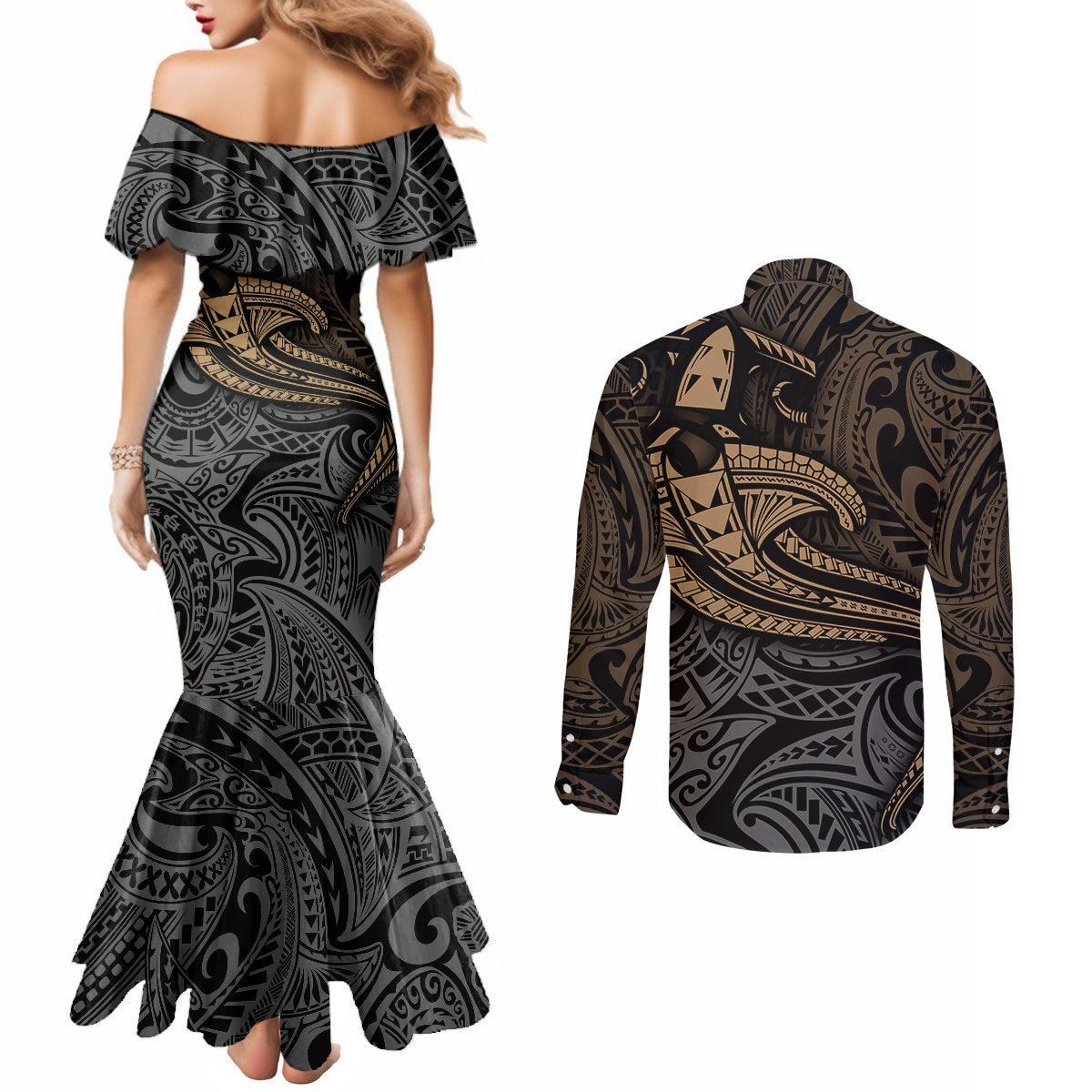polynesian-couples-matching-mermaid-dress-and-long-sleeve-button-shirts-hammerhead-shark-tribal-pattern