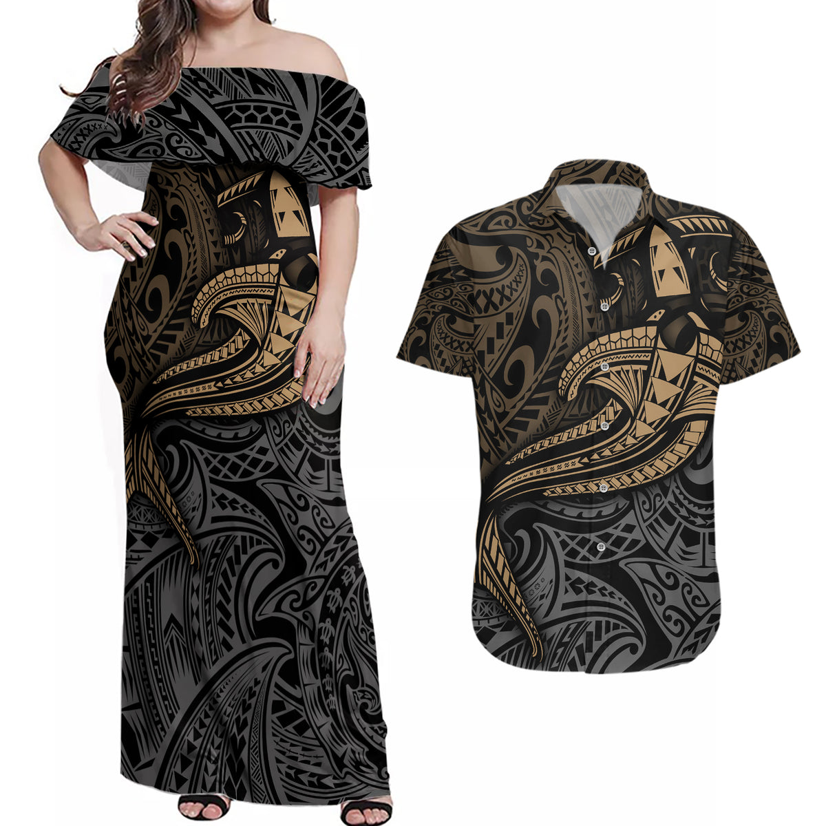 Polynesian Couples Matching Off Shoulder Maxi Dress and Hawaiian Shirt Hammerhead Shark Tribal Pattern - Wonder Print Shop
