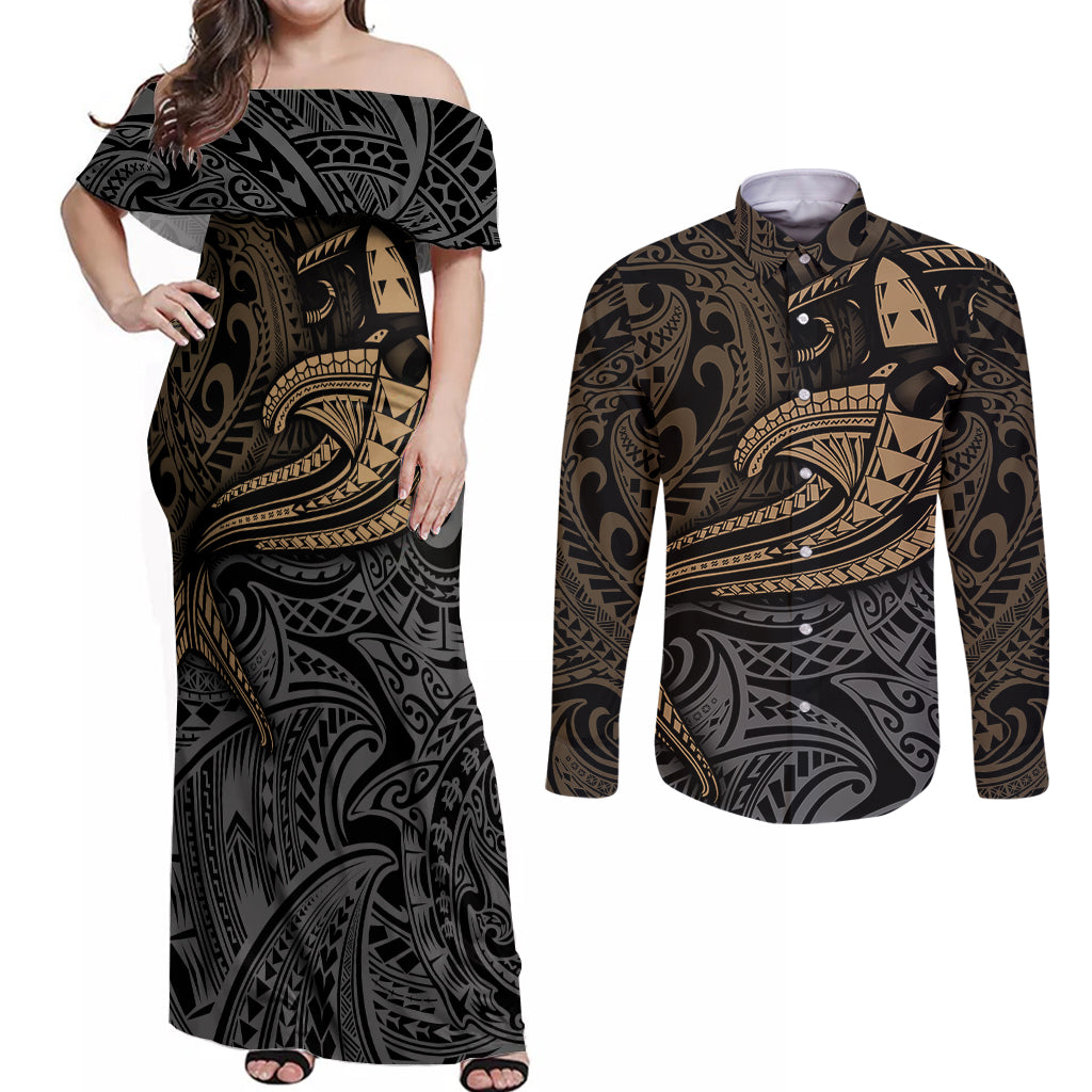 Polynesian Couples Matching Off Shoulder Maxi Dress and Long Sleeve Button Shirts Hammerhead Shark Tribal Pattern - Wonder Print Shop