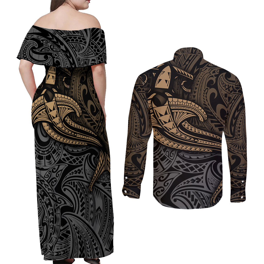 Polynesian Couples Matching Off Shoulder Maxi Dress and Long Sleeve Button Shirts Hammerhead Shark Tribal Pattern - Wonder Print Shop
