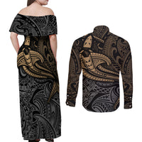 Polynesian Couples Matching Off Shoulder Maxi Dress and Long Sleeve Button Shirts Hammerhead Shark Tribal Pattern - Wonder Print Shop