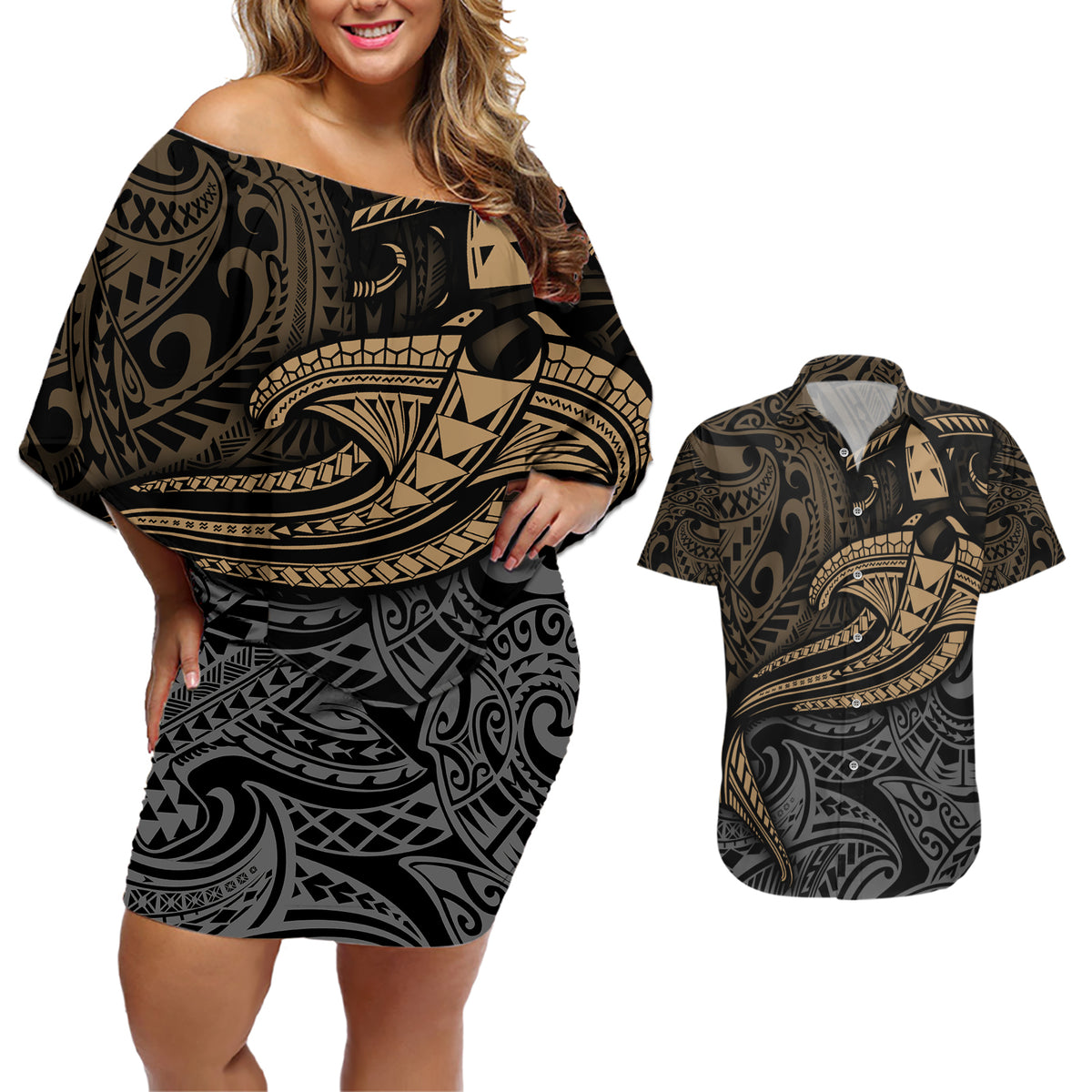 Polynesian Couples Matching Off Shoulder Short Dress and Hawaiian Shirt Hammerhead Shark Tribal Pattern - Wonder Print Shop