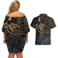 Polynesian Couples Matching Off Shoulder Short Dress and Hawaiian Shirt Hammerhead Shark Tribal Pattern - Wonder Print Shop