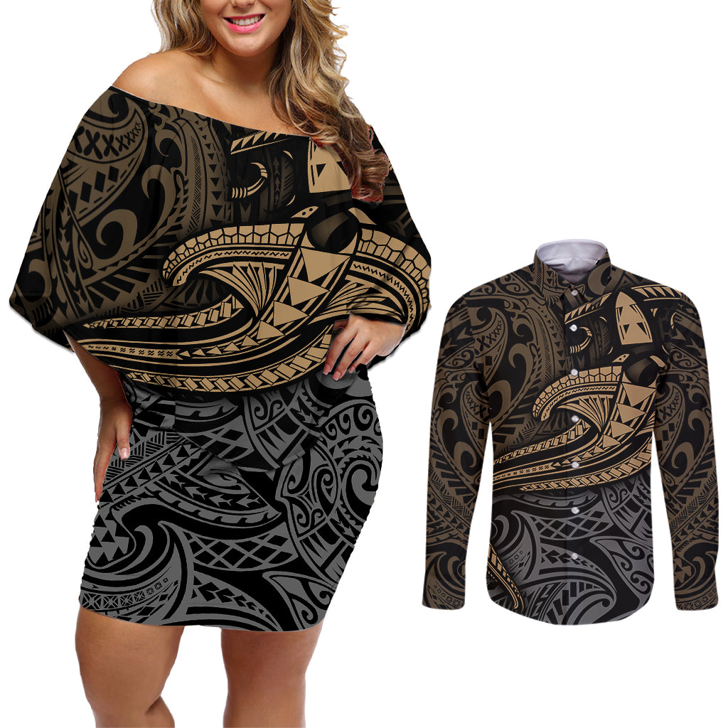 Polynesian Couples Matching Off Shoulder Short Dress and Long Sleeve Button Shirts Hammerhead Shark Tribal Pattern - Wonder Print Shop