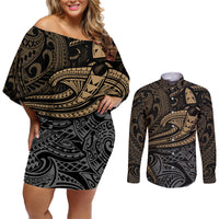 Polynesian Couples Matching Off Shoulder Short Dress and Long Sleeve Button Shirts Hammerhead Shark Tribal Pattern - Wonder Print Shop