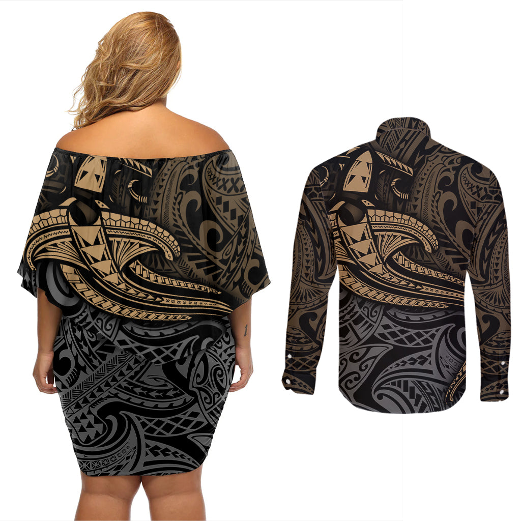 Polynesian Couples Matching Off Shoulder Short Dress and Long Sleeve Button Shirts Hammerhead Shark Tribal Pattern - Wonder Print Shop