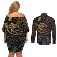 Polynesian Couples Matching Off Shoulder Short Dress and Long Sleeve Button Shirts Hammerhead Shark Tribal Pattern - Wonder Print Shop