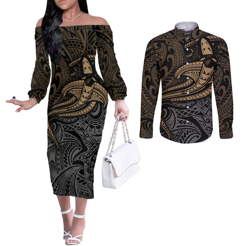 polynesian-couples-matching-off-the-shoulder-long-sleeve-dress-and-long-sleeve-button-shirts-hammerhead-shark-tribal-pattern