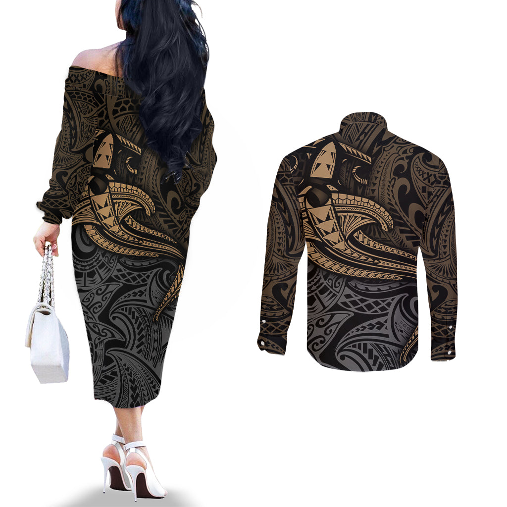 polynesian-couples-matching-off-the-shoulder-long-sleeve-dress-and-long-sleeve-button-shirts-hammerhead-shark-tribal-pattern