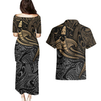 Polynesian Couples Matching Puletasi Dress and Hawaiian Shirt Hammerhead Shark Tribal Pattern - Wonder Print Shop