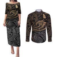 Polynesian Couples Matching Puletasi Dress and Long Sleeve Button Shirts Hammerhead Shark Tribal Pattern - Wonder Print Shop