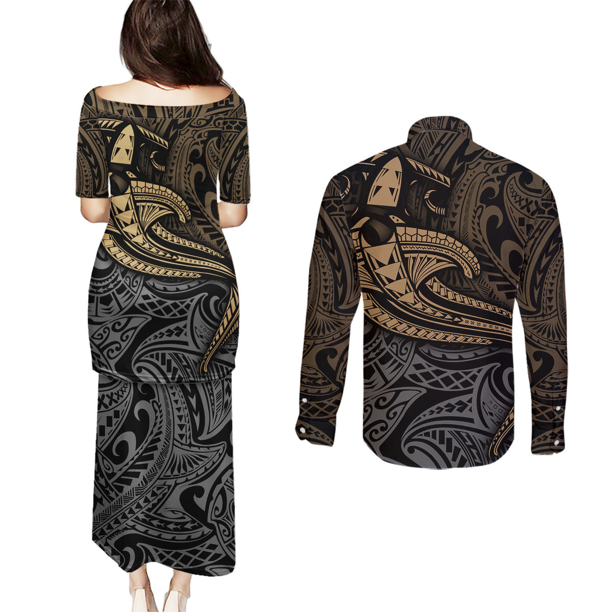 Polynesian Couples Matching Puletasi Dress and Long Sleeve Button Shirts Hammerhead Shark Tribal Pattern - Wonder Print Shop