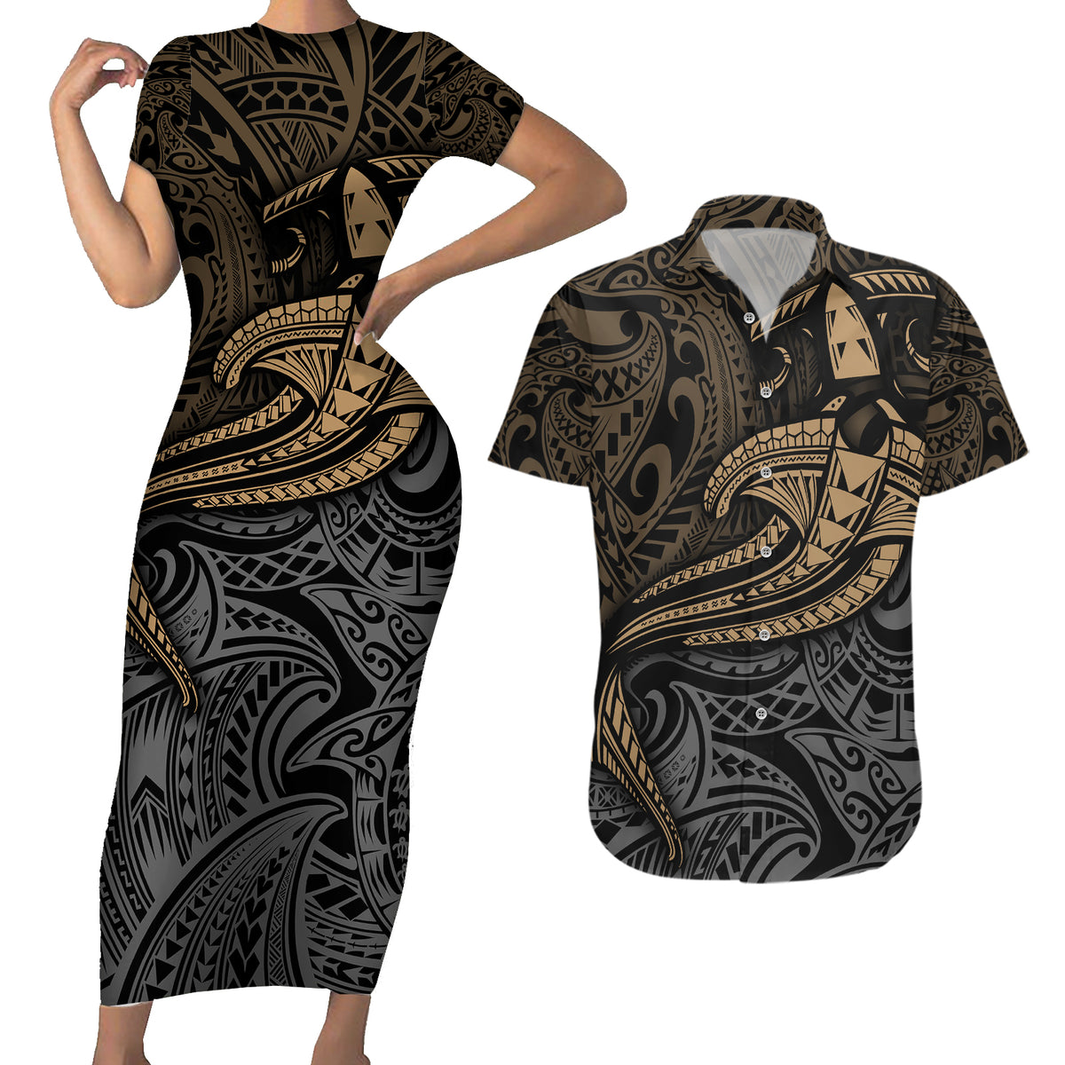 Polynesian Couples Matching Short Sleeve Bodycon Dress and Hawaiian Shirt Hammerhead Shark Tribal Pattern - Wonder Print Shop