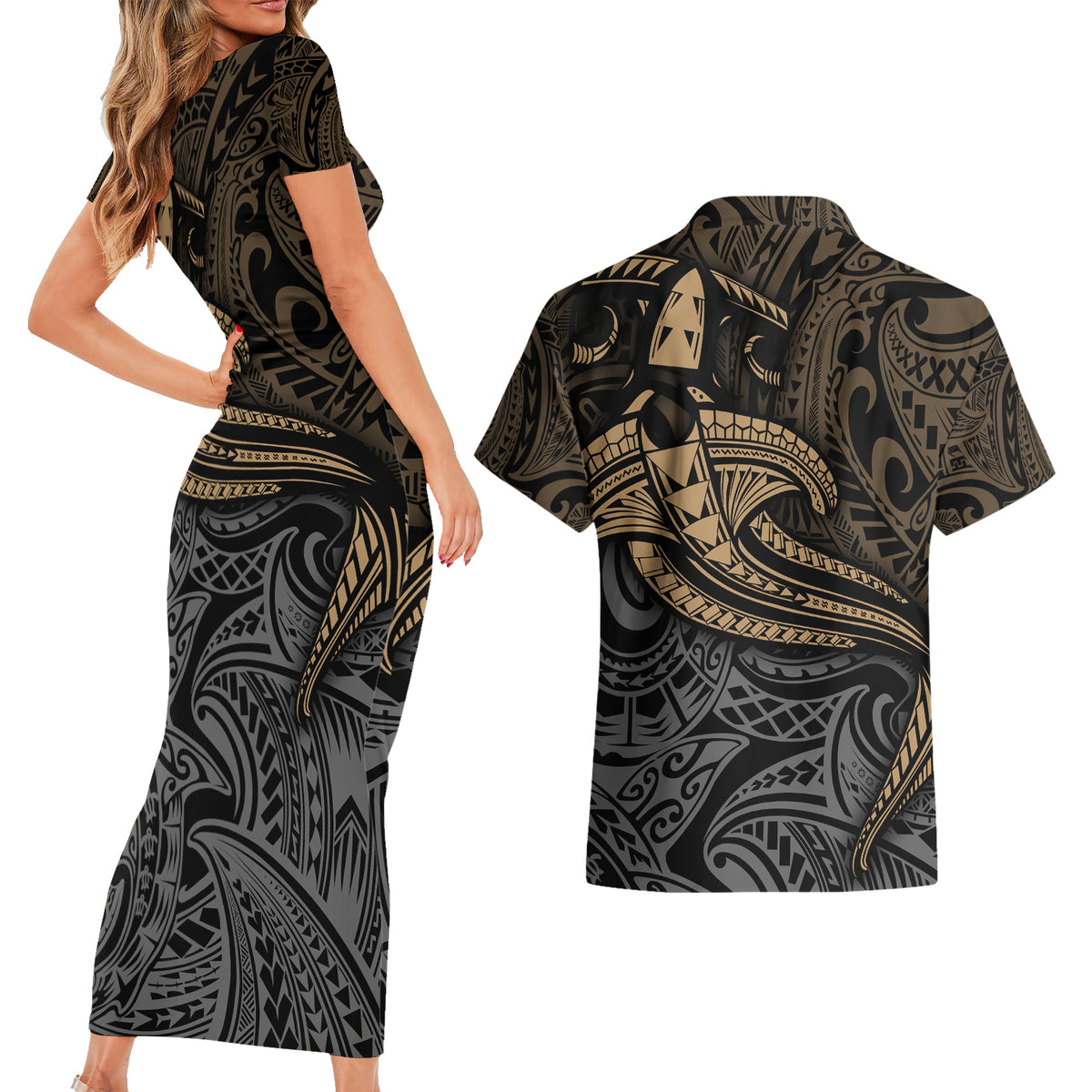 Polynesian Couples Matching Short Sleeve Bodycon Dress and Hawaiian Shirt Hammerhead Shark Tribal Pattern - Wonder Print Shop
