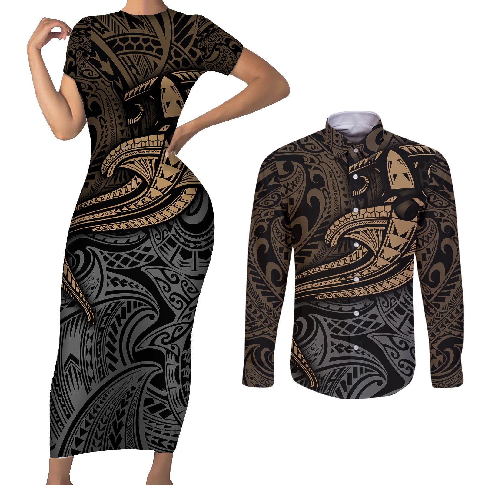 Polynesian Couples Matching Short Sleeve Bodycon Dress and Long Sleeve Button Shirts Hammerhead Shark Tribal Pattern - Wonder Print Shop