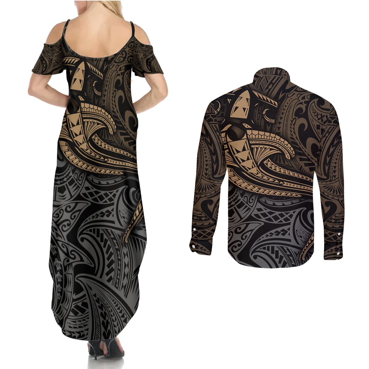 Polynesian Couples Matching Summer Maxi Dress and Long Sleeve Button Shirts Hammerhead Shark Tribal Pattern - Wonder Print Shop