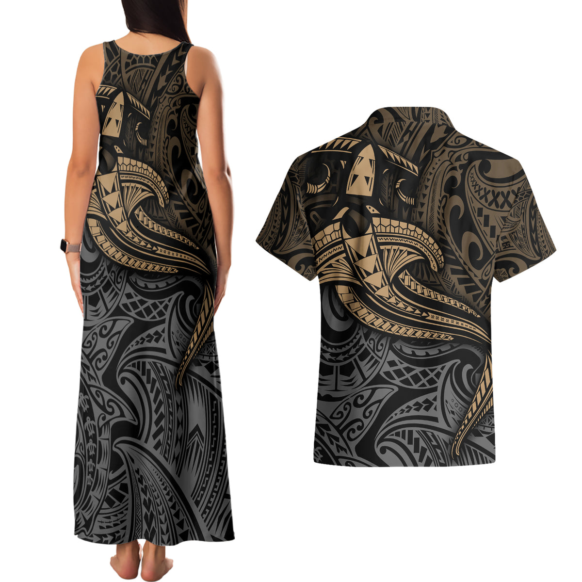 Polynesian Couples Matching Tank Maxi Dress and Hawaiian Shirt Hammerhead Shark Tribal Pattern - Wonder Print Shop