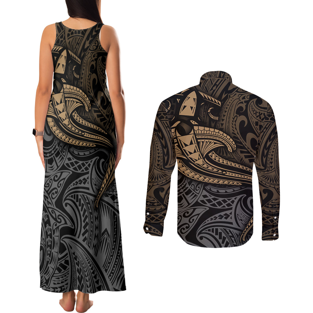 Polynesian Couples Matching Tank Maxi Dress and Long Sleeve Button Shirts Hammerhead Shark Tribal Pattern - Wonder Print Shop