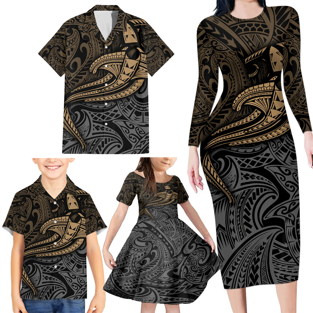 Polynesian Family Matching Long Sleeve Bodycon Dress and Hawaiian Shirt Hammerhead Shark Tribal Pattern - Wonder Print Shop