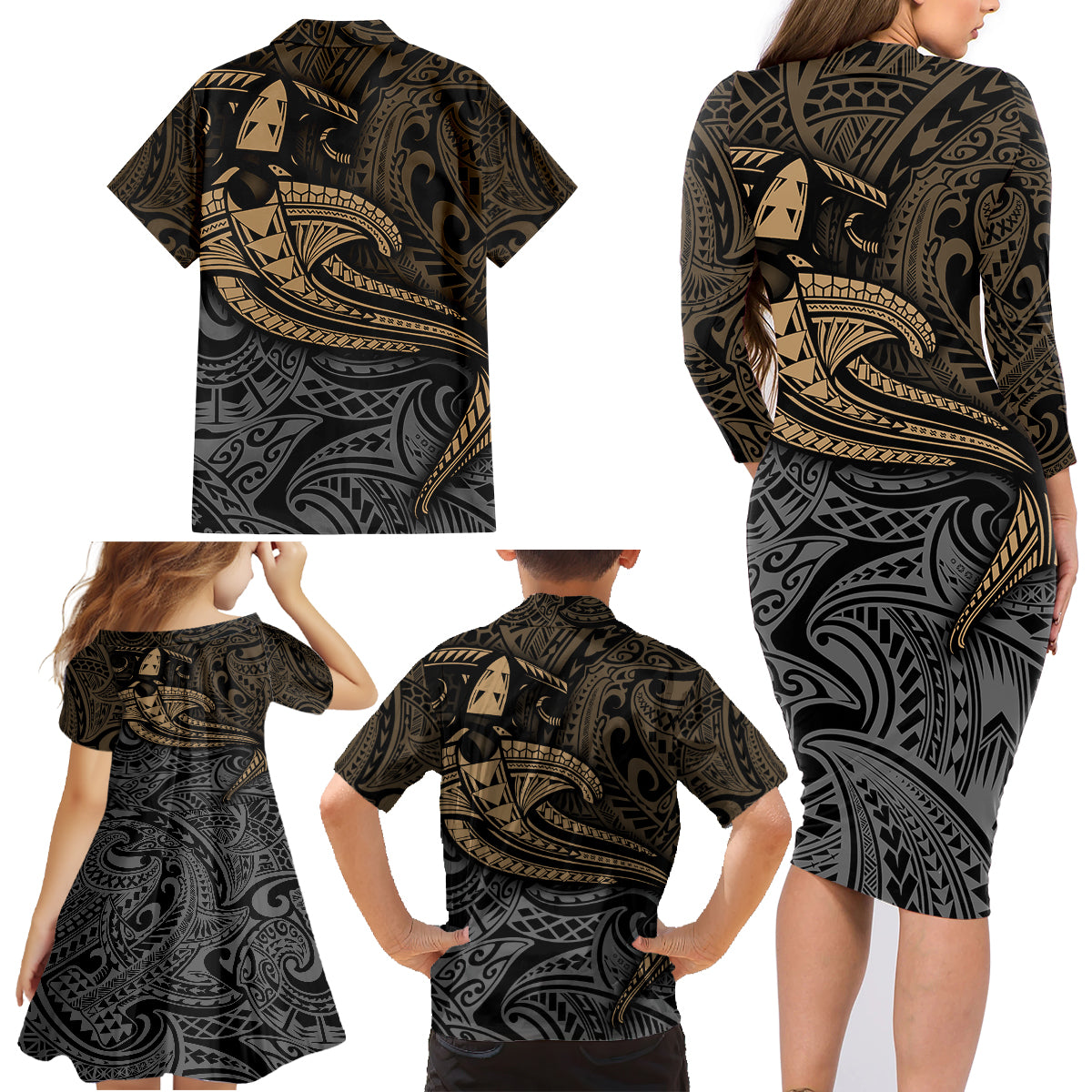 Polynesian Family Matching Long Sleeve Bodycon Dress and Hawaiian Shirt Hammerhead Shark Tribal Pattern - Wonder Print Shop