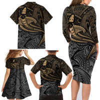 Polynesian Family Matching Long Sleeve Bodycon Dress and Hawaiian Shirt Hammerhead Shark Tribal Pattern - Wonder Print Shop