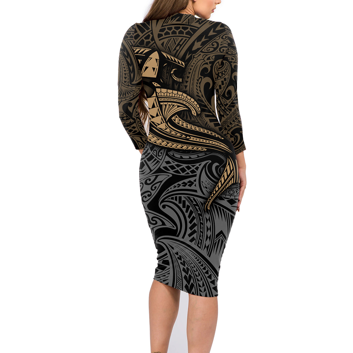 Polynesian Family Matching Long Sleeve Bodycon Dress and Hawaiian Shirt Hammerhead Shark Tribal Pattern - Wonder Print Shop