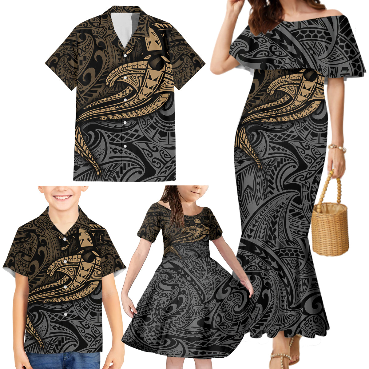 Polynesian Family Matching Mermaid Dress and Hawaiian Shirt Hammerhead Shark Tribal Pattern - Wonder Print Shop
