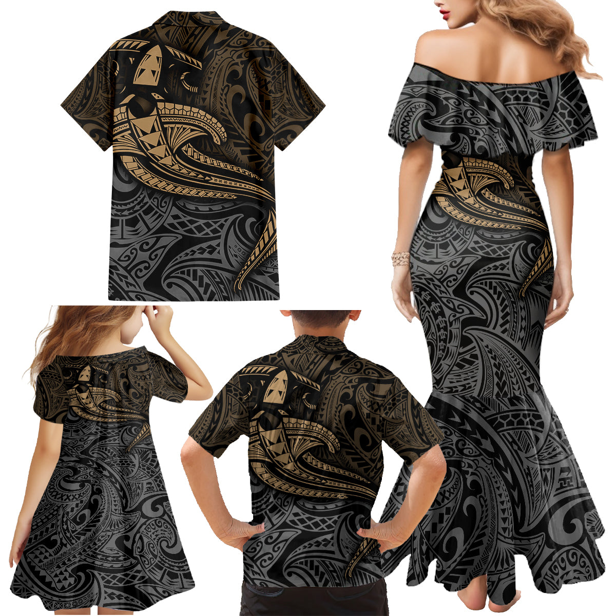 Polynesian Family Matching Mermaid Dress and Hawaiian Shirt Hammerhead Shark Tribal Pattern - Wonder Print Shop