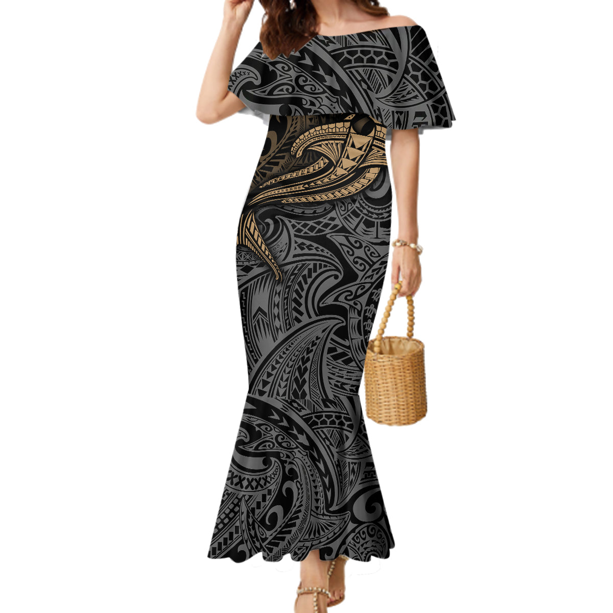Polynesian Family Matching Mermaid Dress and Hawaiian Shirt Hammerhead Shark Tribal Pattern - Wonder Print Shop