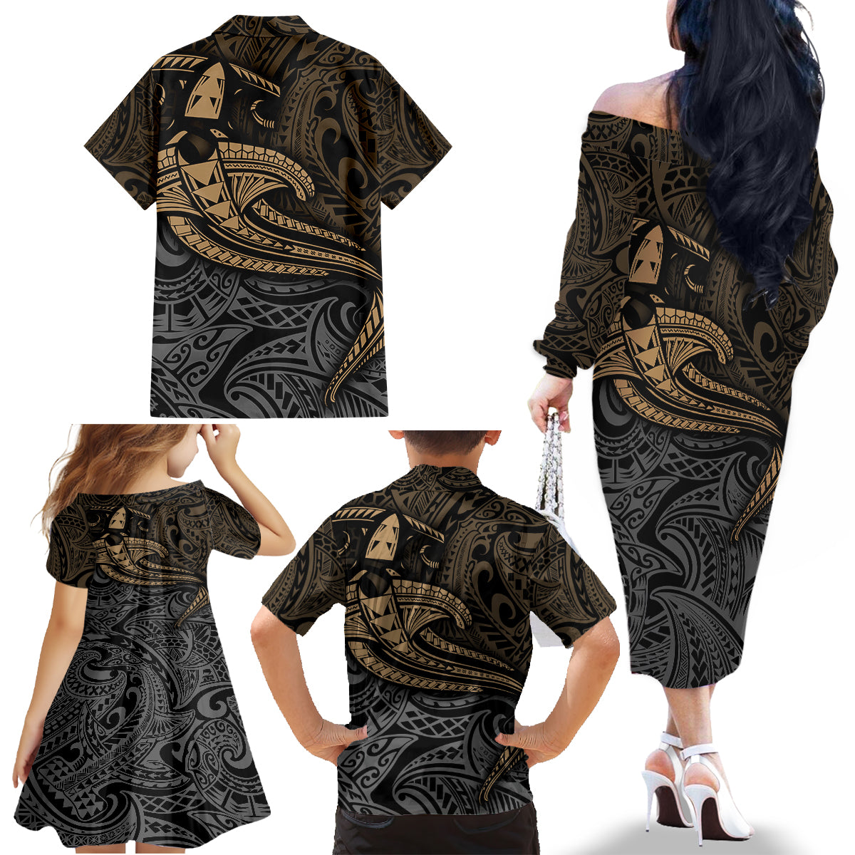 Polynesian Family Matching Off Shoulder Long Sleeve Dress and Hawaiian Shirt Hammerhead Shark Tribal Pattern - Wonder Print Shop