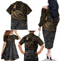 Polynesian Family Matching Off Shoulder Long Sleeve Dress and Hawaiian Shirt Hammerhead Shark Tribal Pattern - Wonder Print Shop