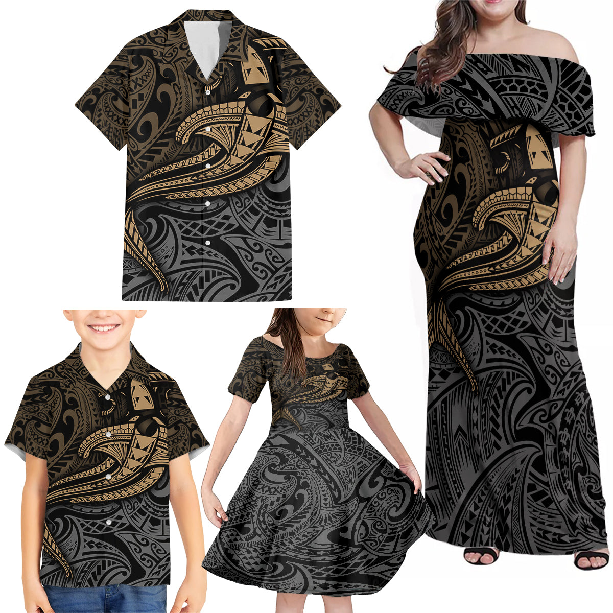 Polynesian Family Matching Off Shoulder Maxi Dress and Hawaiian Shirt Hammerhead Shark Tribal Pattern - Wonder Print Shop