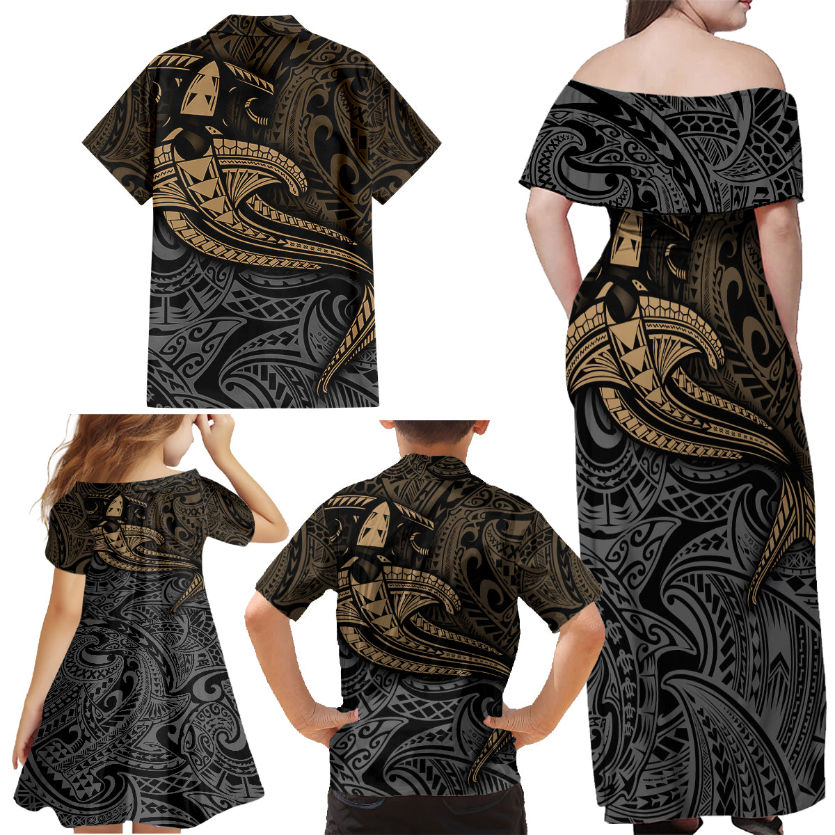 Polynesian Family Matching Off Shoulder Maxi Dress and Hawaiian Shirt Hammerhead Shark Tribal Pattern - Wonder Print Shop