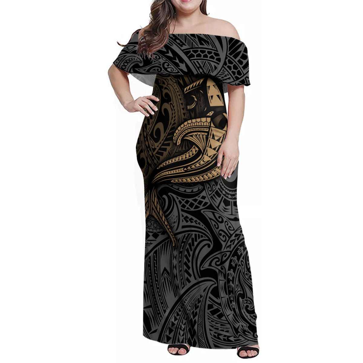 Polynesian Family Matching Off Shoulder Maxi Dress and Hawaiian Shirt Hammerhead Shark Tribal Pattern - Wonder Print Shop