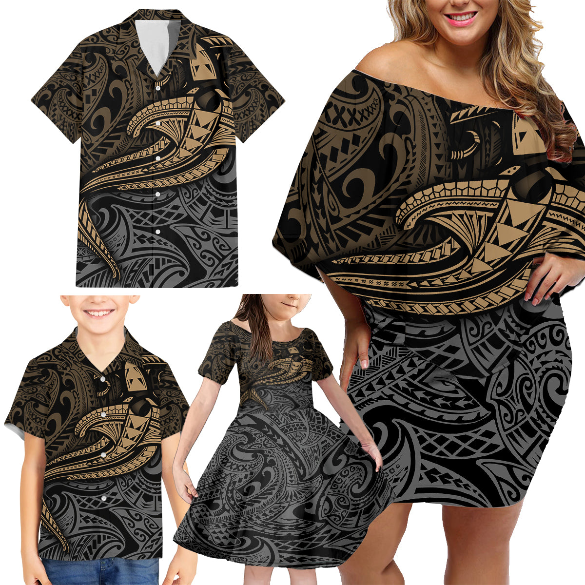 Polynesian Family Matching Off Shoulder Short Dress and Hawaiian Shirt Hammerhead Shark Tribal Pattern - Wonder Print Shop