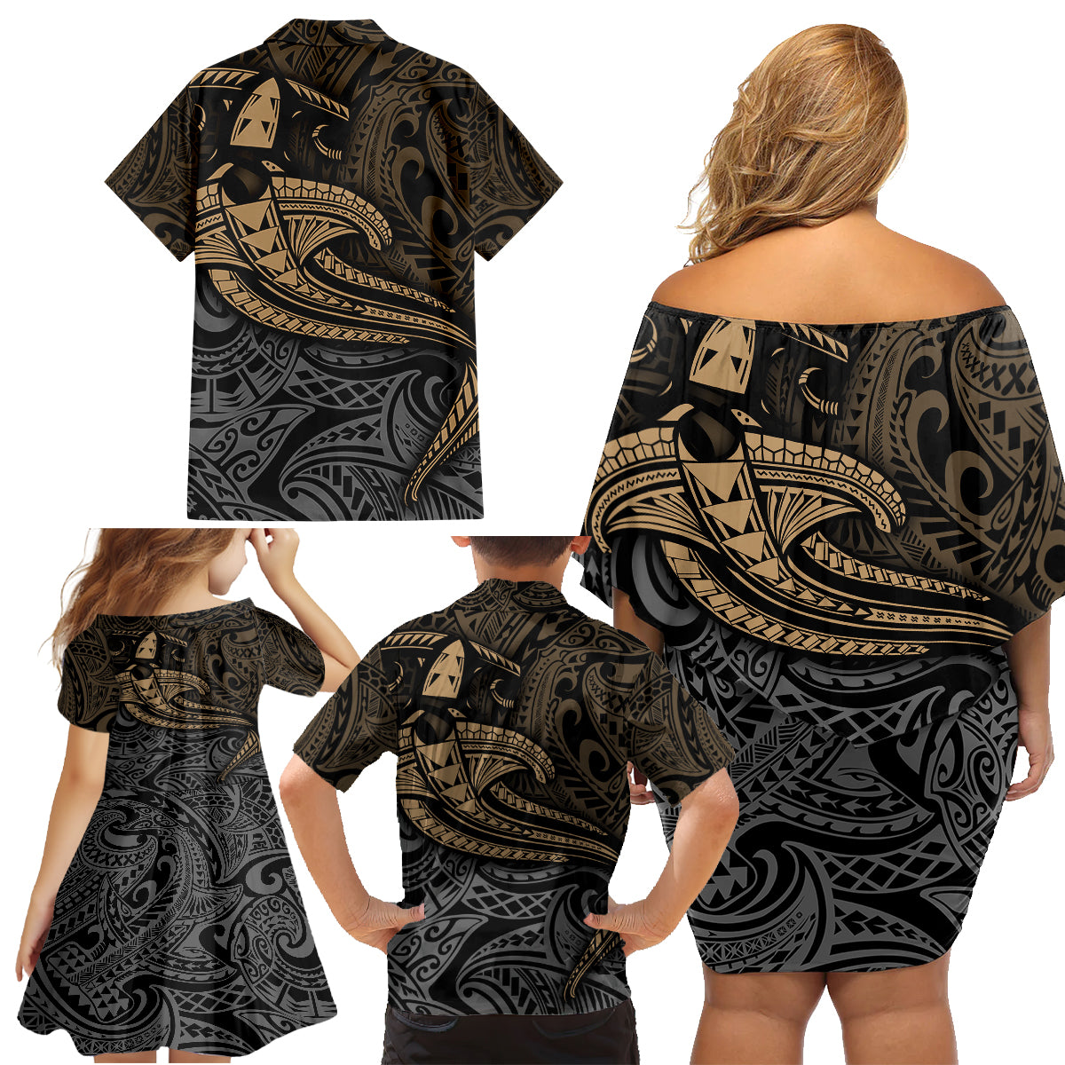 Polynesian Family Matching Off Shoulder Short Dress and Hawaiian Shirt Hammerhead Shark Tribal Pattern - Wonder Print Shop