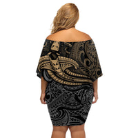 Polynesian Family Matching Off Shoulder Short Dress and Hawaiian Shirt Hammerhead Shark Tribal Pattern - Wonder Print Shop