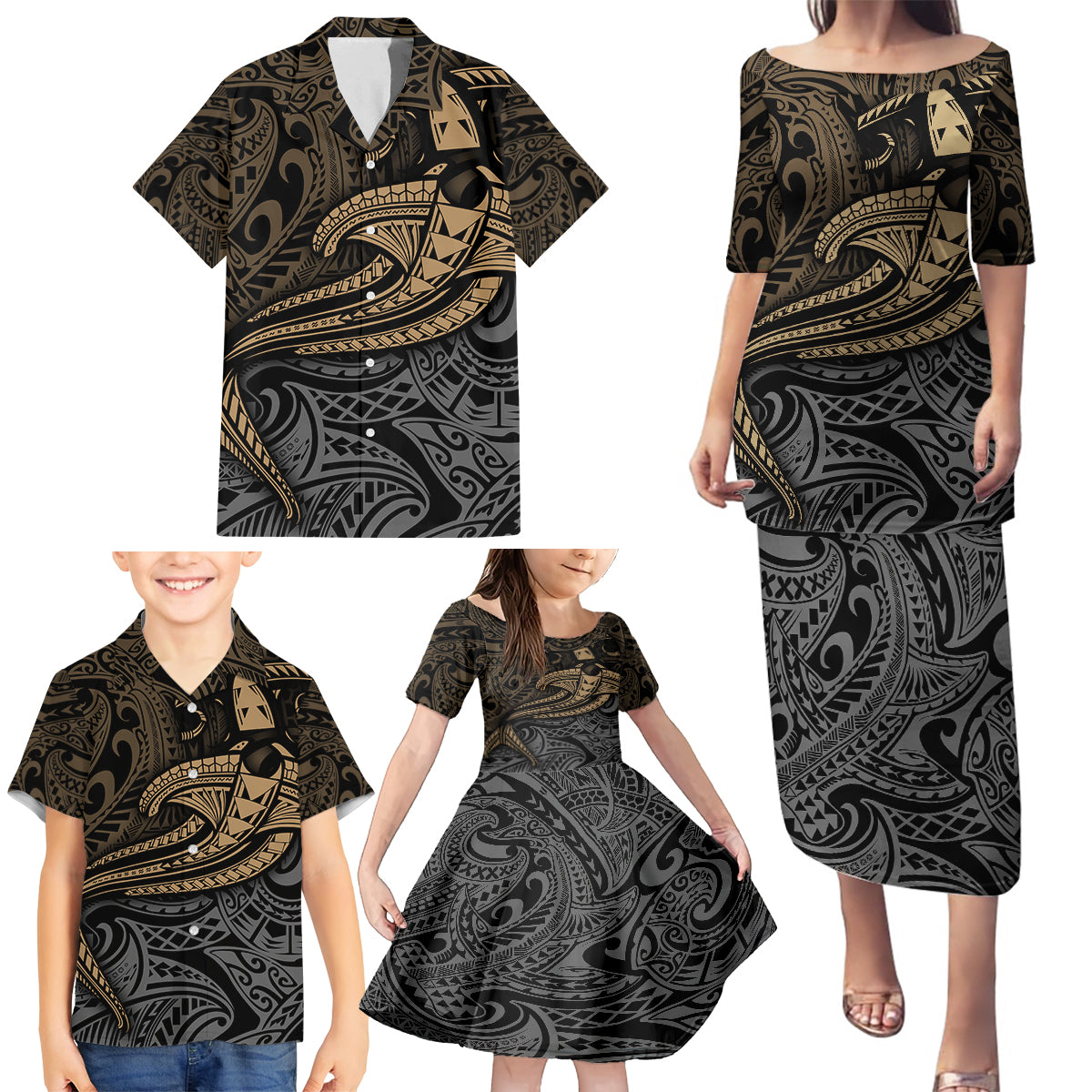 Polynesian Family Matching Puletasi Dress and Hawaiian Shirt Hammerhead Shark Tribal Pattern - Wonder Print Shop