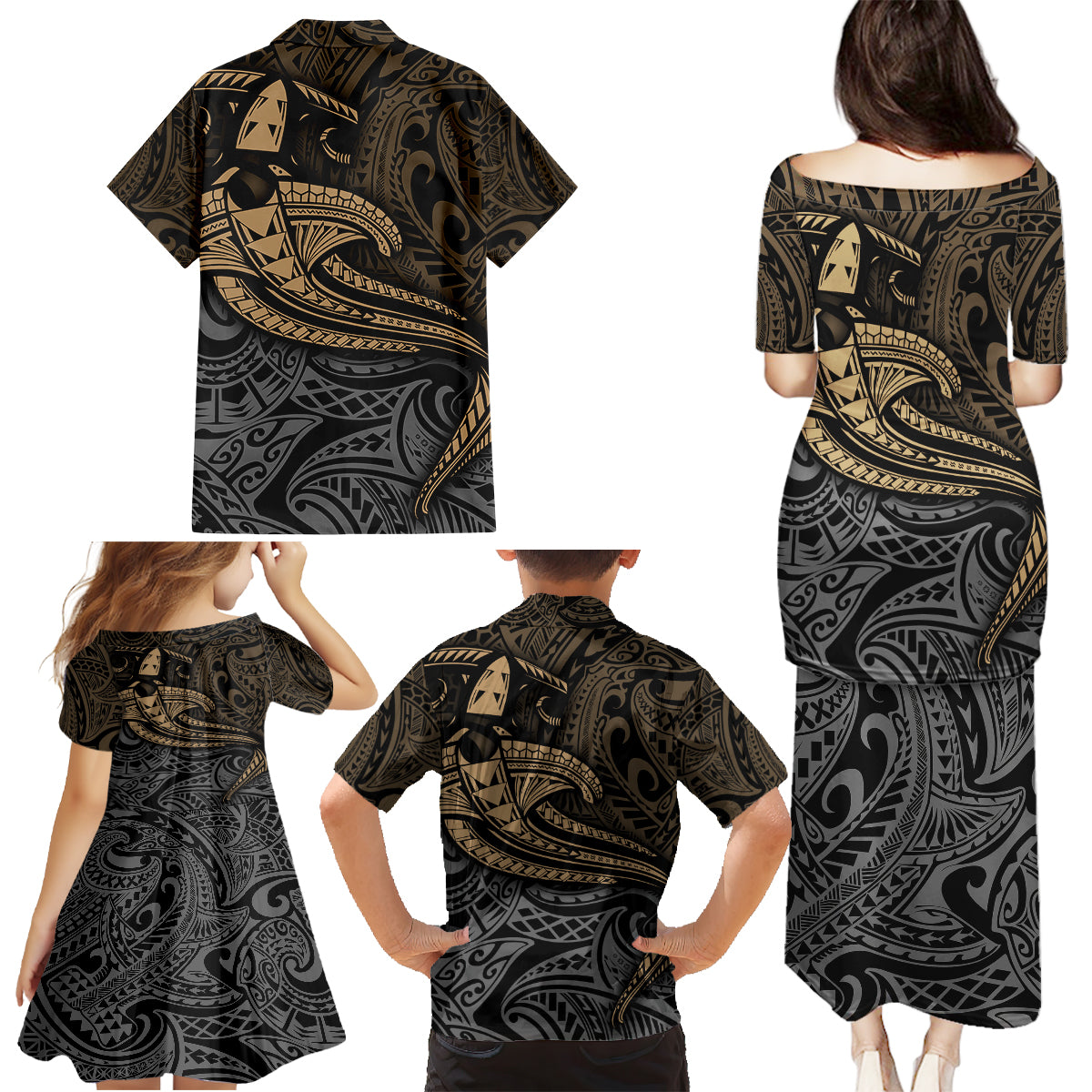 Polynesian Family Matching Puletasi Dress and Hawaiian Shirt Hammerhead Shark Tribal Pattern - Wonder Print Shop