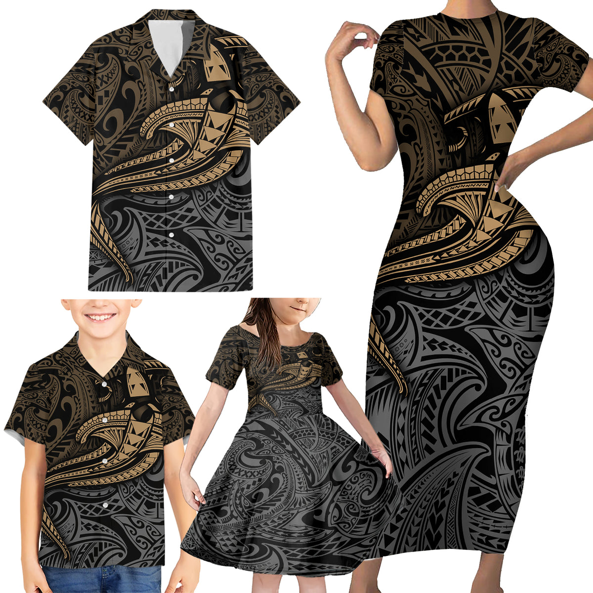 Polynesian Family Matching Short Sleeve Bodycon Dress and Hawaiian Shirt Hammerhead Shark Tribal Pattern - Wonder Print Shop