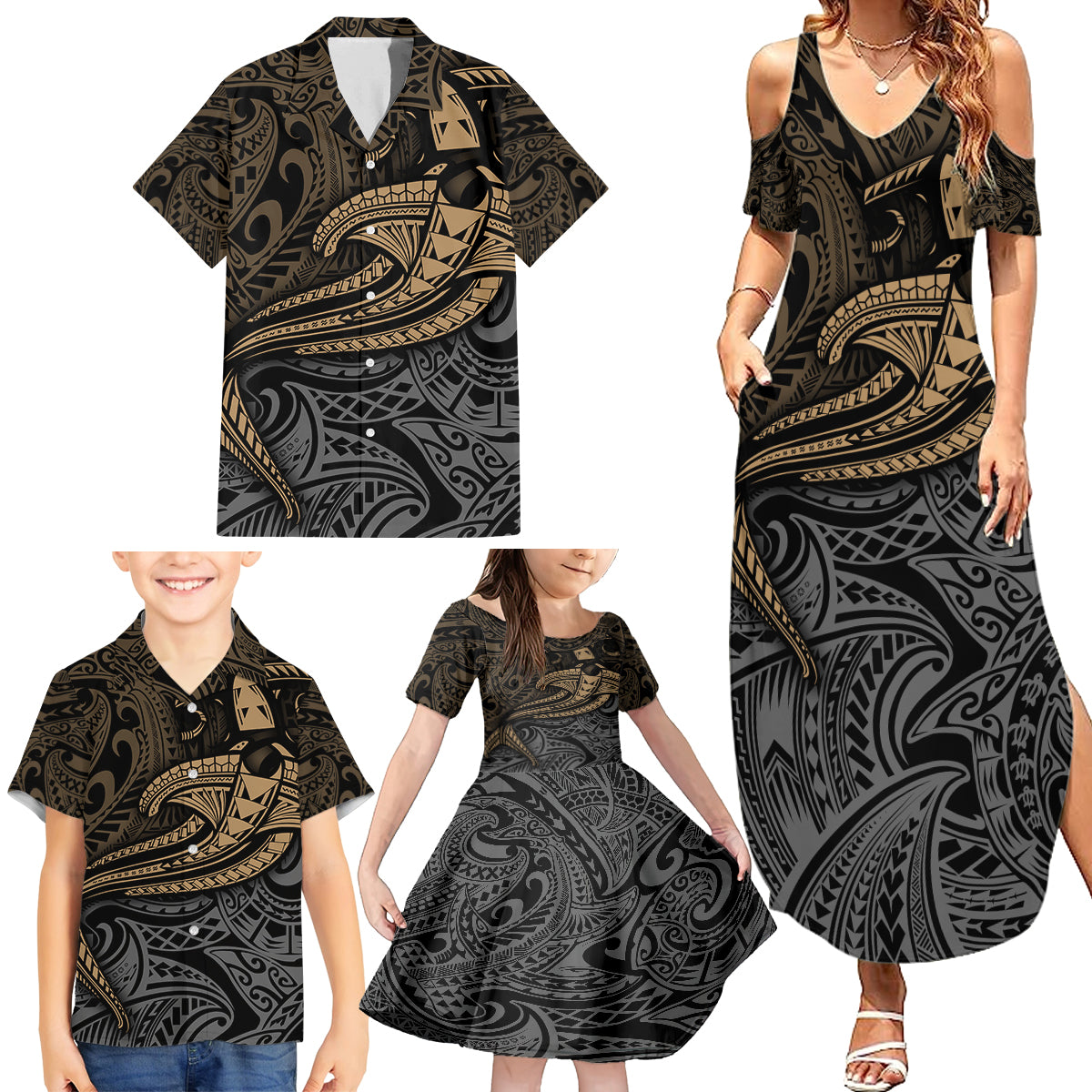 Polynesian Family Matching Summer Maxi Dress and Hawaiian Shirt Hammerhead Shark Tribal Pattern - Wonder Print Shop